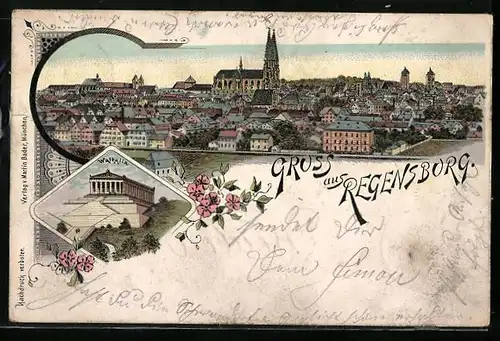 Lithographie Regensburg, Stadtansicht mit Dom und Walhalla