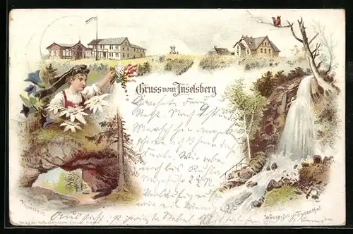Lithographie Brotterode, Inselsberg mit Thorstein und Wasserfall