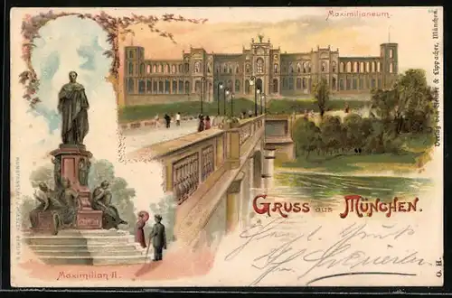 Lithographie München, Maximilianeum hinter Brücke, Denkmal Maximilian II.