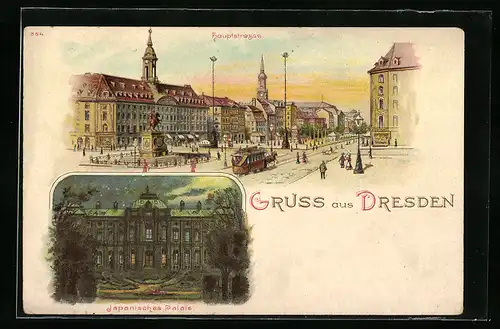 Lithographie Dresden-Neustadt, Hauptstrasse, Japanisches Palais
