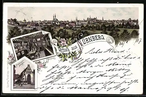 Lithographie Nürnberg, Gesamtansicht, Gasthaus Bratwurstglöcklein, Innenansicht