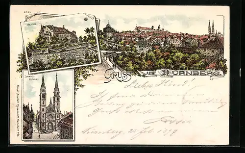 Lithographie Nürnberg, Burg, Lorenzkirche, Ortsansicht