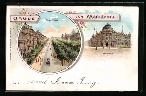 Lithographie Mannheim, Ringstrasse mit Strassenbahn und Realschule