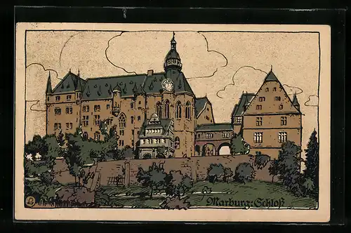 Steindruck-AK Marburg, Schloss mit Anlagen