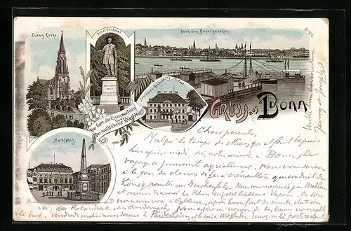 Lithographie Bonn, Evang. Kirche, Arndt-Denkmal, Marktplatz