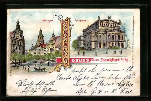 Lithographie Frankfurt a. M., Rossmarkt mit Kutschen, Opernhaus