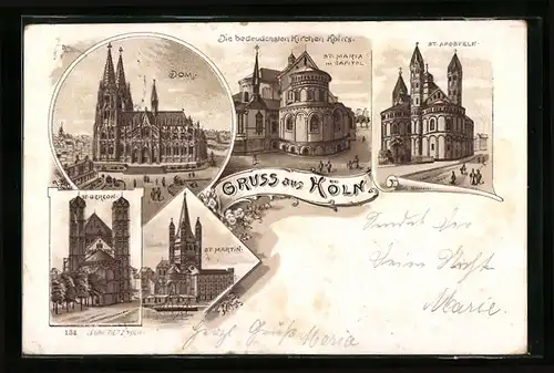 Lithographie Köln, Die bedeutendsten Kirchen Köln`s, Dom, St. Martin, St. Aposteln