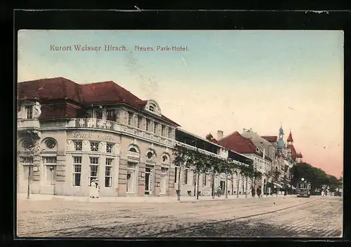 AK Weisser Hirsch, Neues Park-Hotel, Strassenbahn