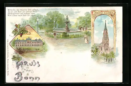 Lithographie Bonn, Protest. Kirche, Poppeldorfer Allee mit Platz, Schloss