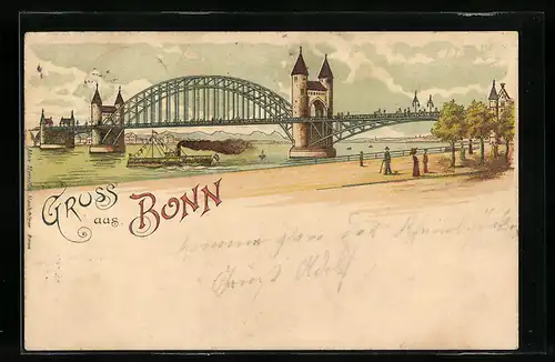 Lithographie Bonn, Rheinbrücke mit Dampfer