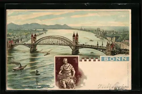 Lithographie Bonn, Panorama und Julius Cäsar