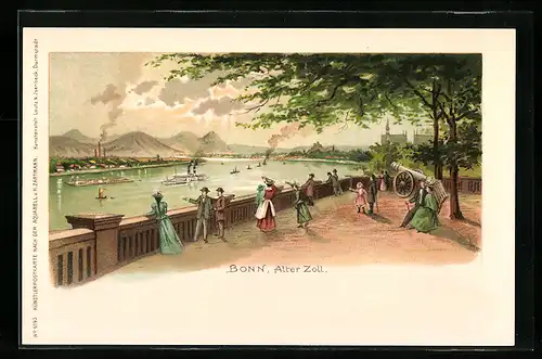 Lithographie Bonn, Alter Zoll, Geschütz, Dampfer