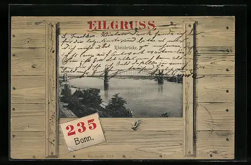AK Bonn, Rheinbrücke dargestellt auf einer Kiste