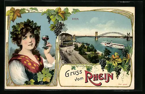 AK Bonn, Rheinbrücke mit Dampfer, Junge Frau mit Weinglas