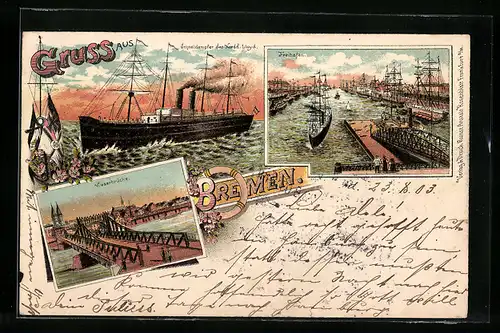 Lithographie Bremen, Weserbrücke, Freihafen, Schnelldampfer des Nord-Lloyd