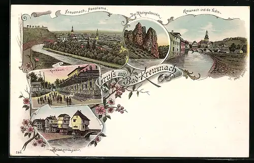 Lithographie Bad-Kreuznach, Kurhaus, Brückenhäuser, Rheingrafenstein, Ortsansicht