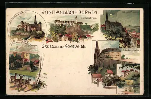 Lithographie Plauen, Vogtländische Burgen, Schlösser Greiz, Plauen, Mylau, Lobdaburg, Osterburg und Vogtsberg