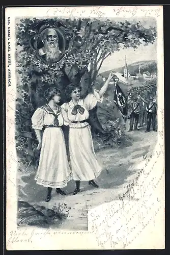 Lithographie Turnvater Jahn, Frauen winken den Turnern zu