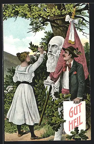 AK Frau ehrt das Denkmal des Turnvaters Jahn mit einem Lorbeerkranz