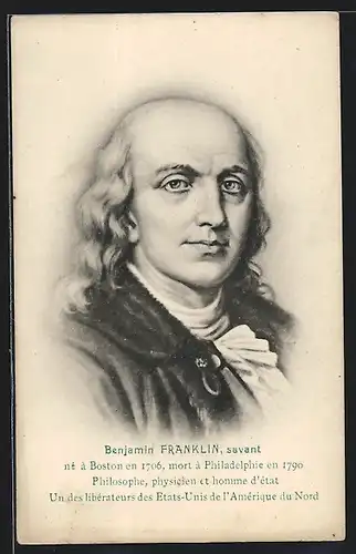 Künstler-AK Portrait von Benjamin Franklin mit ernstem Blick