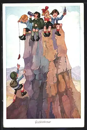 AK Gipfelstürmer, Kinder bei einer Brotzeit auf einem Felsen