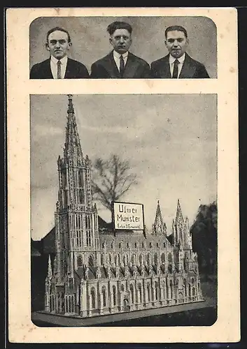 AK Laubsägemodell des Ulmer Münsters mit den Erbauern