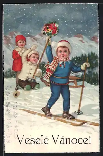Künstler-AK Junge mit Blumenstrauss fährt Ski