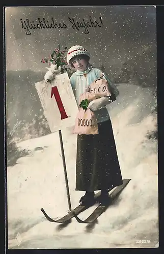 AK Dame mit Geldsäcken und Kalenderblatt auf Skiern