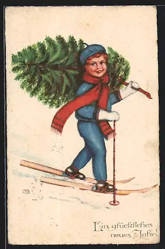 Künstler-AK Junge mit Tannenbaum fährt Ski