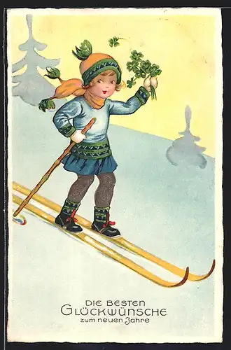 Künstler-AK Mädchen auf Skiern mit Kleeblättern