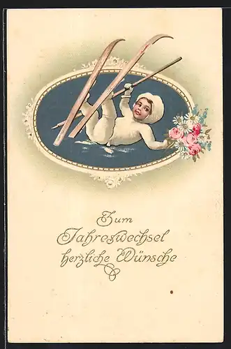 Präge-AK Kleines Kind stürzt mit Skiern