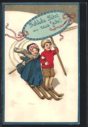 Künstler-AK Kinder mit Schild Fröhliche Fahrt ins neue Jahr auf Skiern