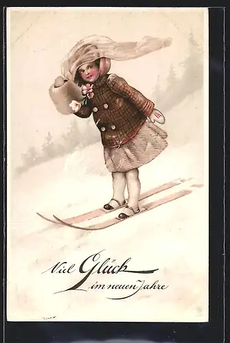 Künstler-AK Mädchen mit Muff auf Skiern