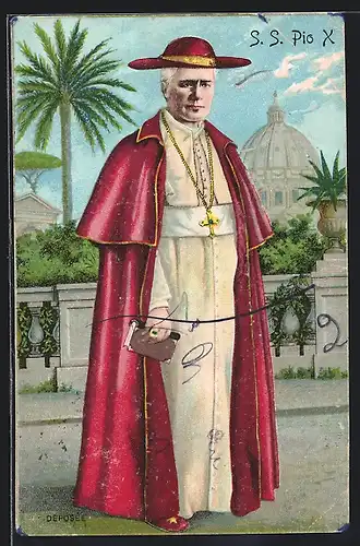 Lithographie Papst S. S. Pio X in rotem Gewand mit Bibel in den vatikanischen Gärten