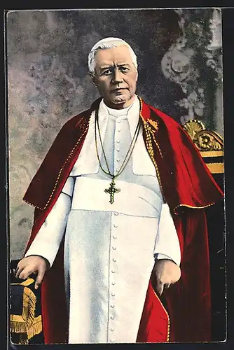 AK Papst Pius X. in rotem Umhang und mit Kreuzkette