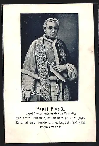 Künstler-AK Papst Pius X., Patriarch von Venedig mit Schriftrolle