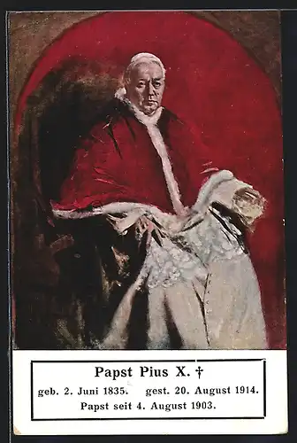 Künstler-AK Papst Pius X. sitzend im winterlichen roten Mantel und Ring