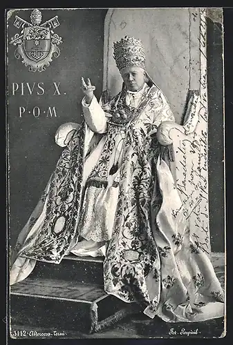 AK Papst Pius X. auf dem Thron, Tiara, Wappen
