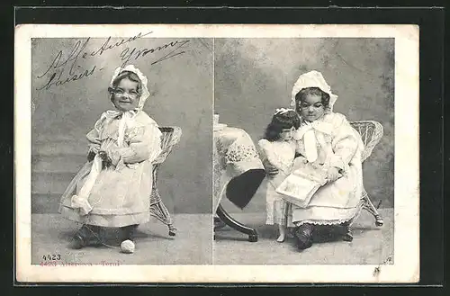 AK Kleines Mädchen mit Strickzeug und mit Puppe