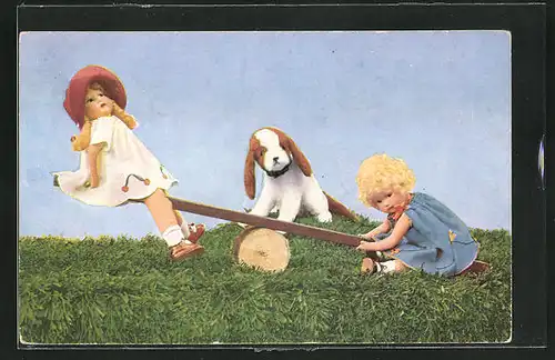 AK Alltagsszenen mit Puppen nachgestellt, Mädchen auf der Wippe