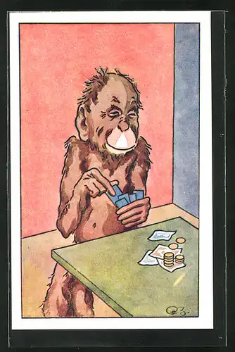 AK Affe sitzt am Tisch mit Geldmünzen, vermenschlichte Tiere