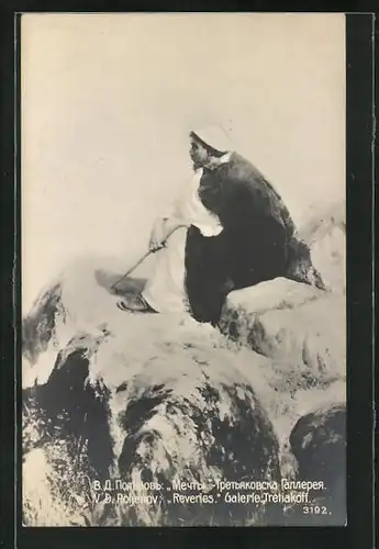 Künstler-AK sign. V. D. Poljenov: Reveries, Mann sitzt träumend auf einem Felsen, Russische Kunst