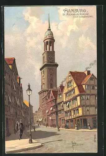 Lithographie Hamburg-Neustadt, St. Michaelis-Kirche vom Schaarmarkt betrachtet