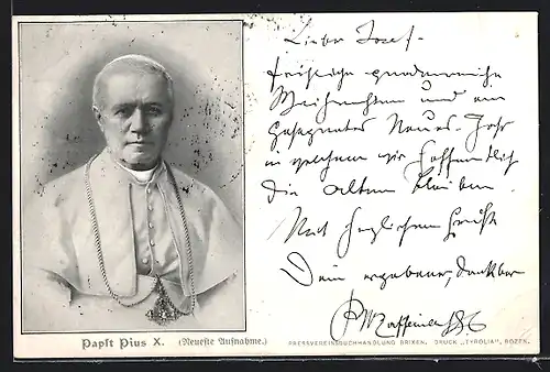 AK Papst Pius X. in hellem Gewand mit befestigter Kreuzkette