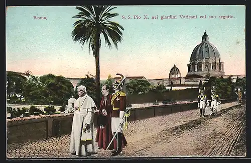 AK Rom, Papst Pius X. mit Garde im Park des Vatikans