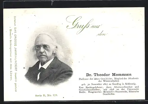 Lithographie Dr. Theodor Mommsen, Portrait des Professor der alten geschichte