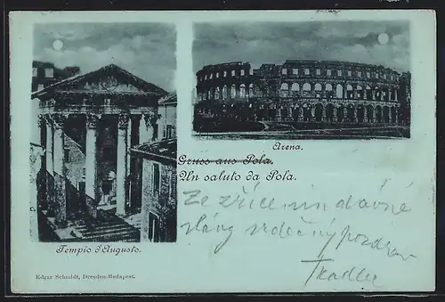 Mondschein-AK Pola, Arena, Tempio d`Augusto