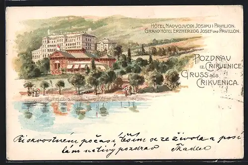 Lithographie Crikvenica, Grand Hotel Erzherzog Josef und Pavillon