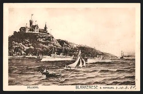 AK Blankenese b. Hamburg, Dampfer vor Süllberg und Burg