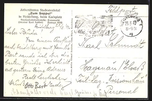 AK Heidelberg, Studenten-Gasthaus zum Seppel am Karlsplatz